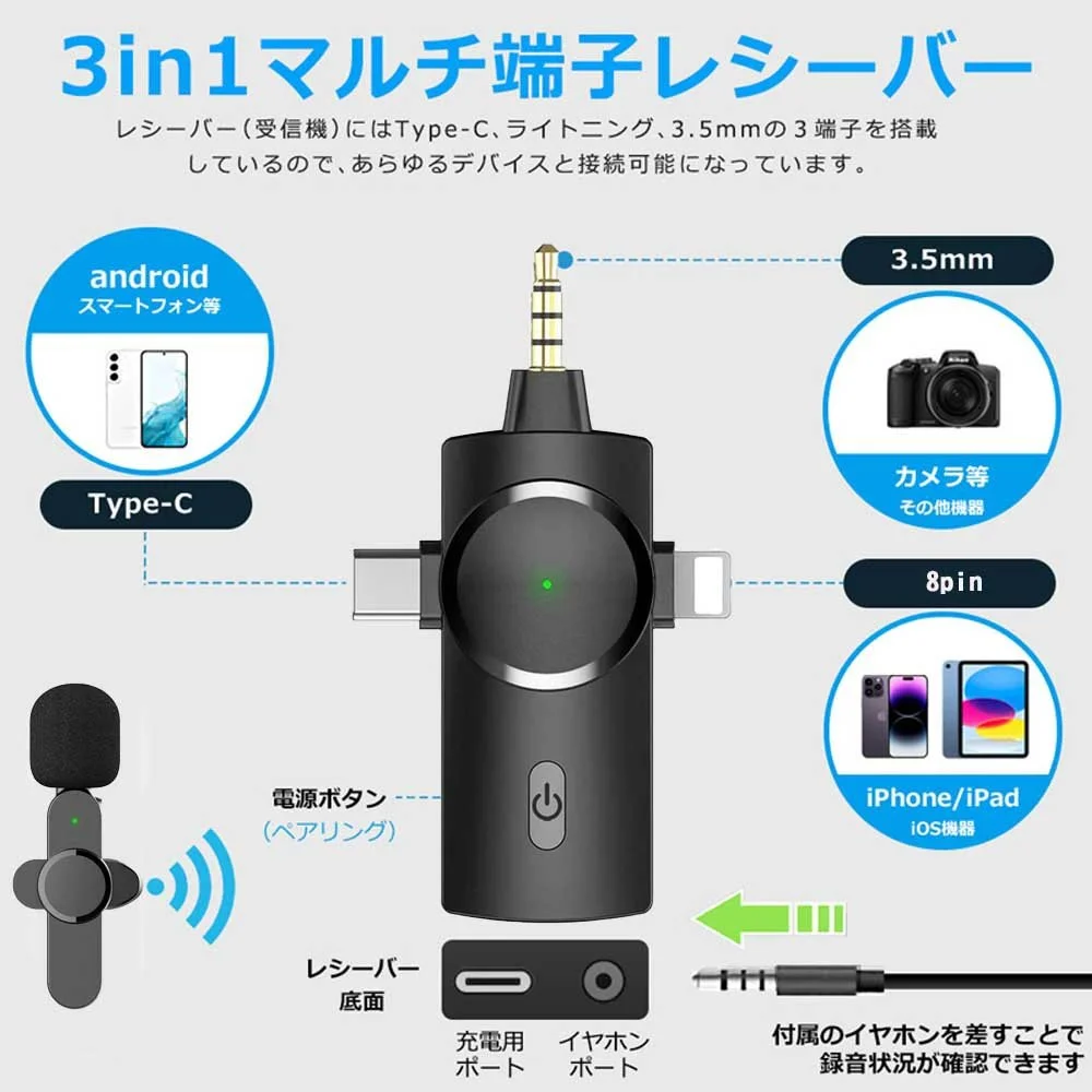 ワイヤレスマイク 3-in-1 ユニバーサルレシーバー 3 in 1ユニバーサルワイヤレスマイクレシーバー,iPhone, Android